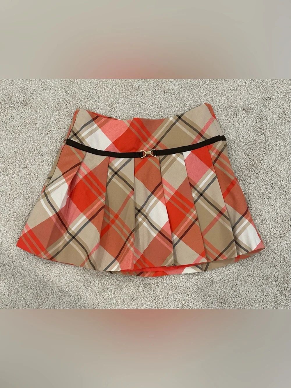 Plaid Pleated Skirt in Coral and Tan